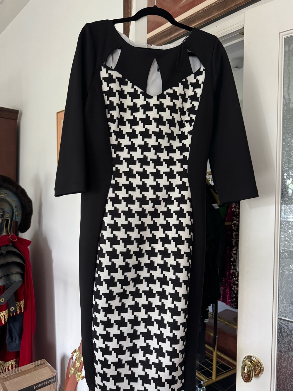 Jax Black & White Houndstooth Midi Dress with Cutout Detail